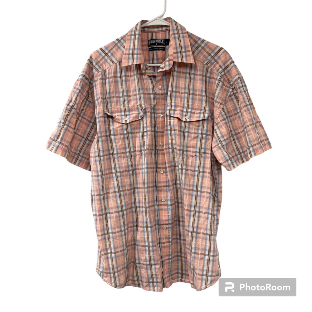 Panhandle Slim Pearl Snap Western Cowboy Shirt Size L Short Sleeve Pink Plaid